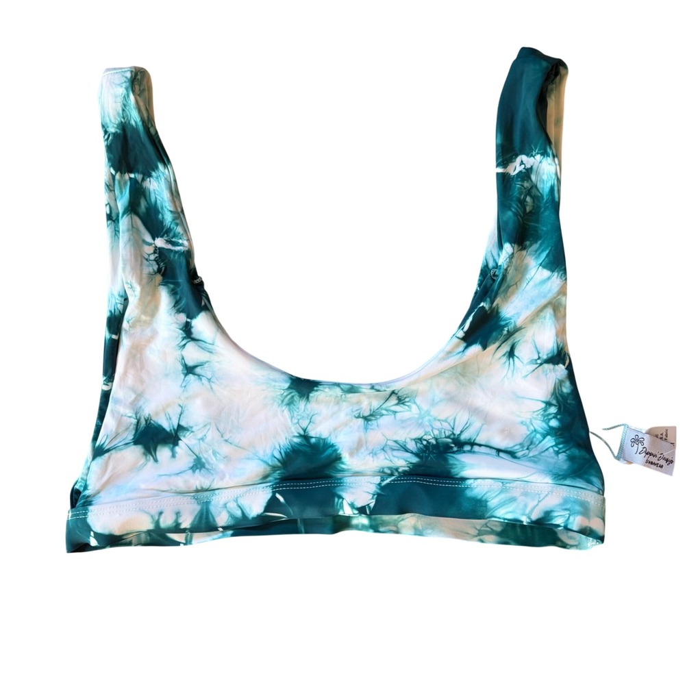 NWT Dippin Daisy's Tie Dye Bikini Top Teal White Scoop Neck Medium Sporty Summer